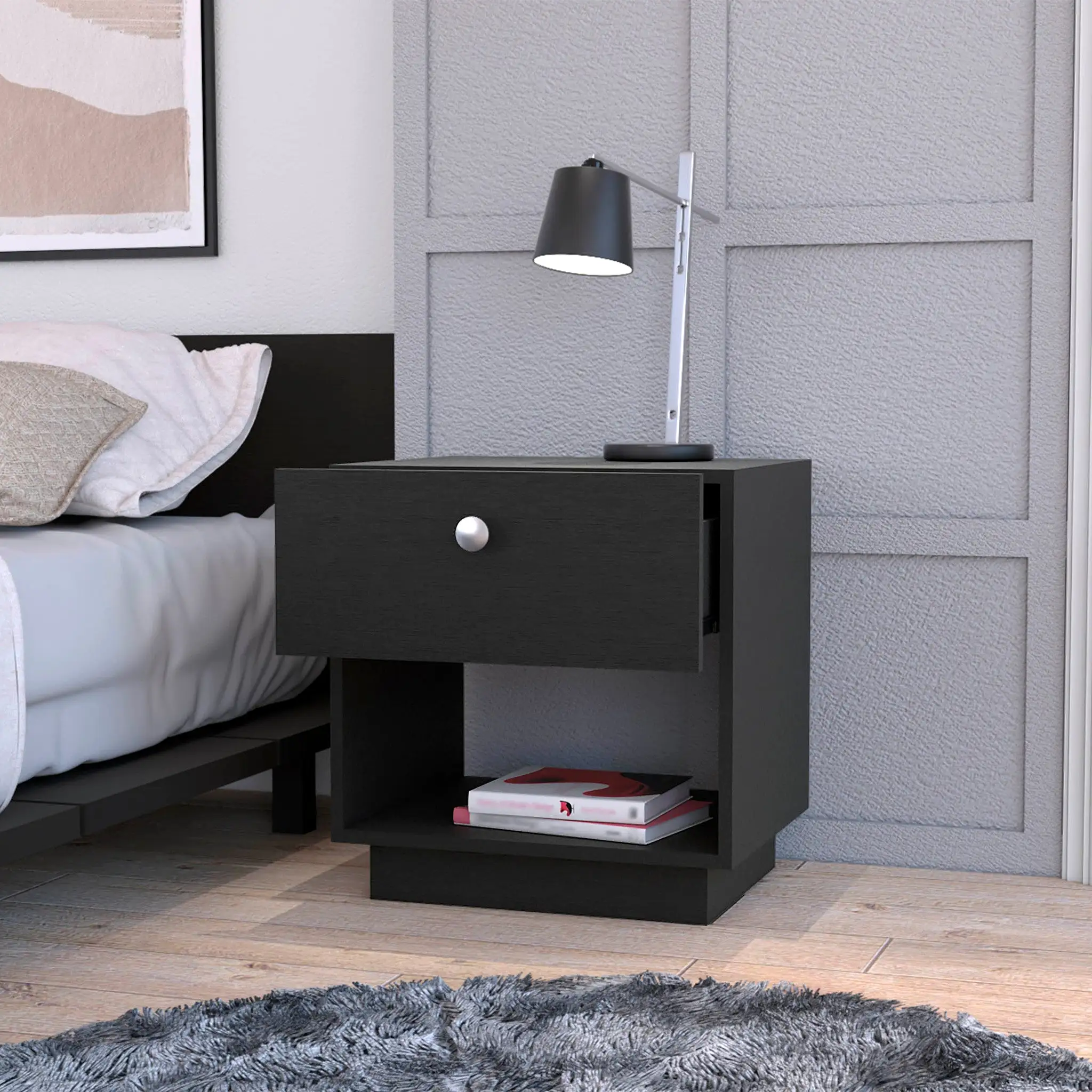 20 Black One Drawer Nightstand With Integrated Tech