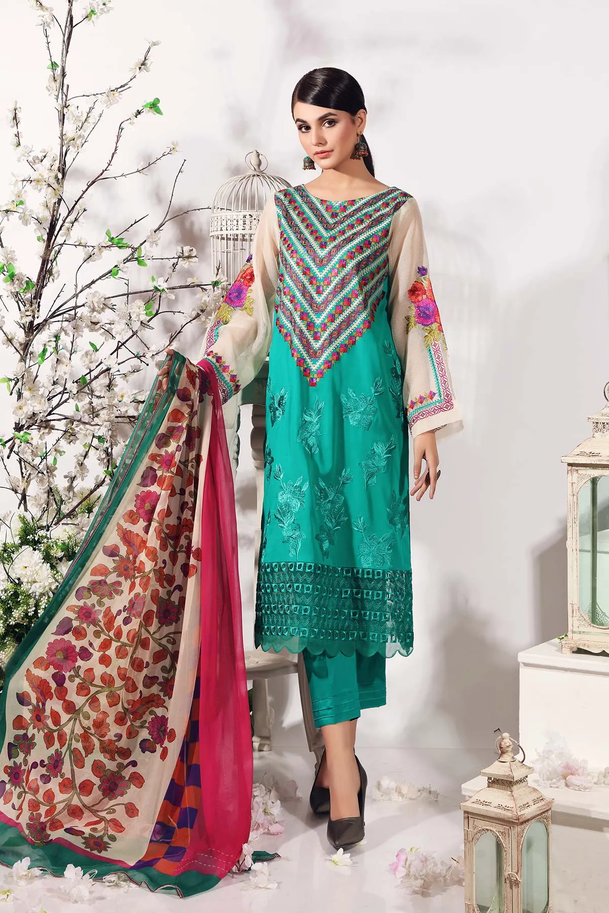 3-piece Unstitched Embroidered Swiss With Chiffon Dupatta CM-08