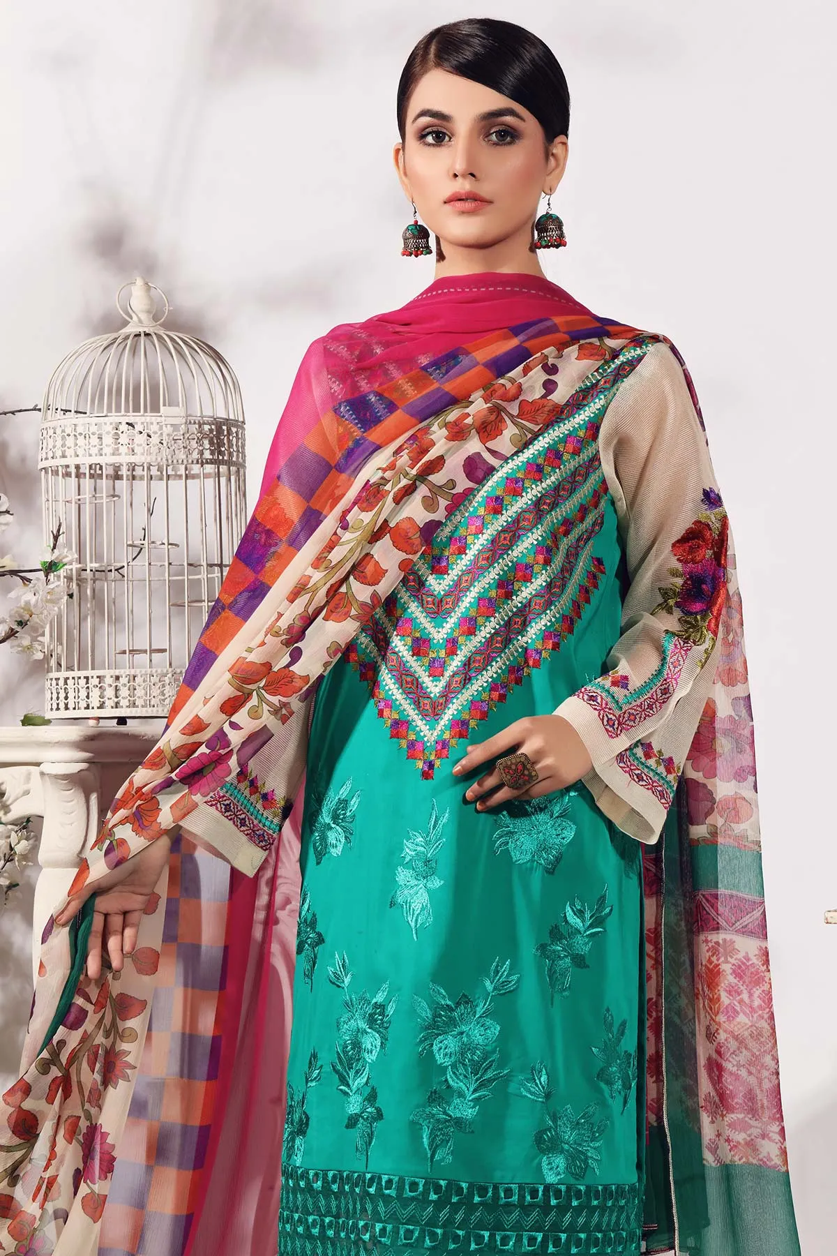 3-piece Unstitched Embroidered Swiss With Chiffon Dupatta CM-08