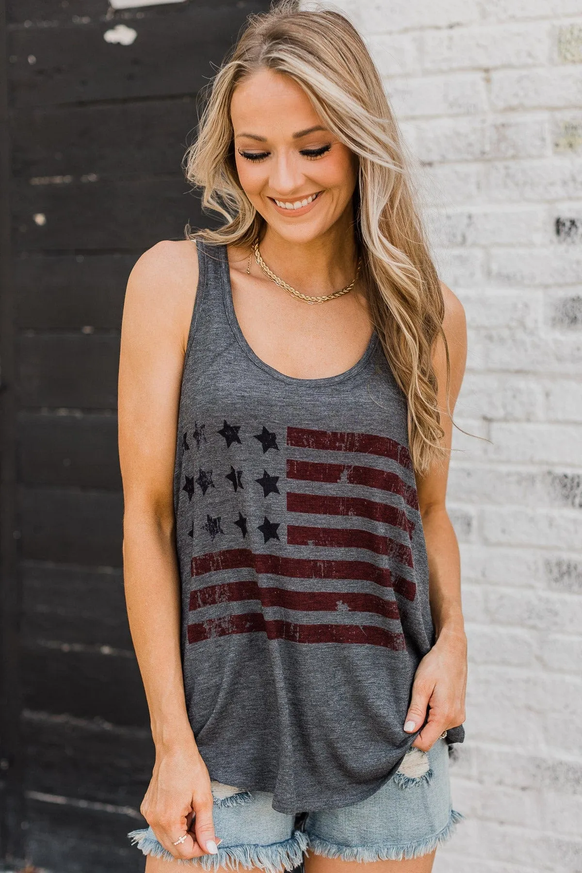 American Dream Graphic Tank Top- Charcoal