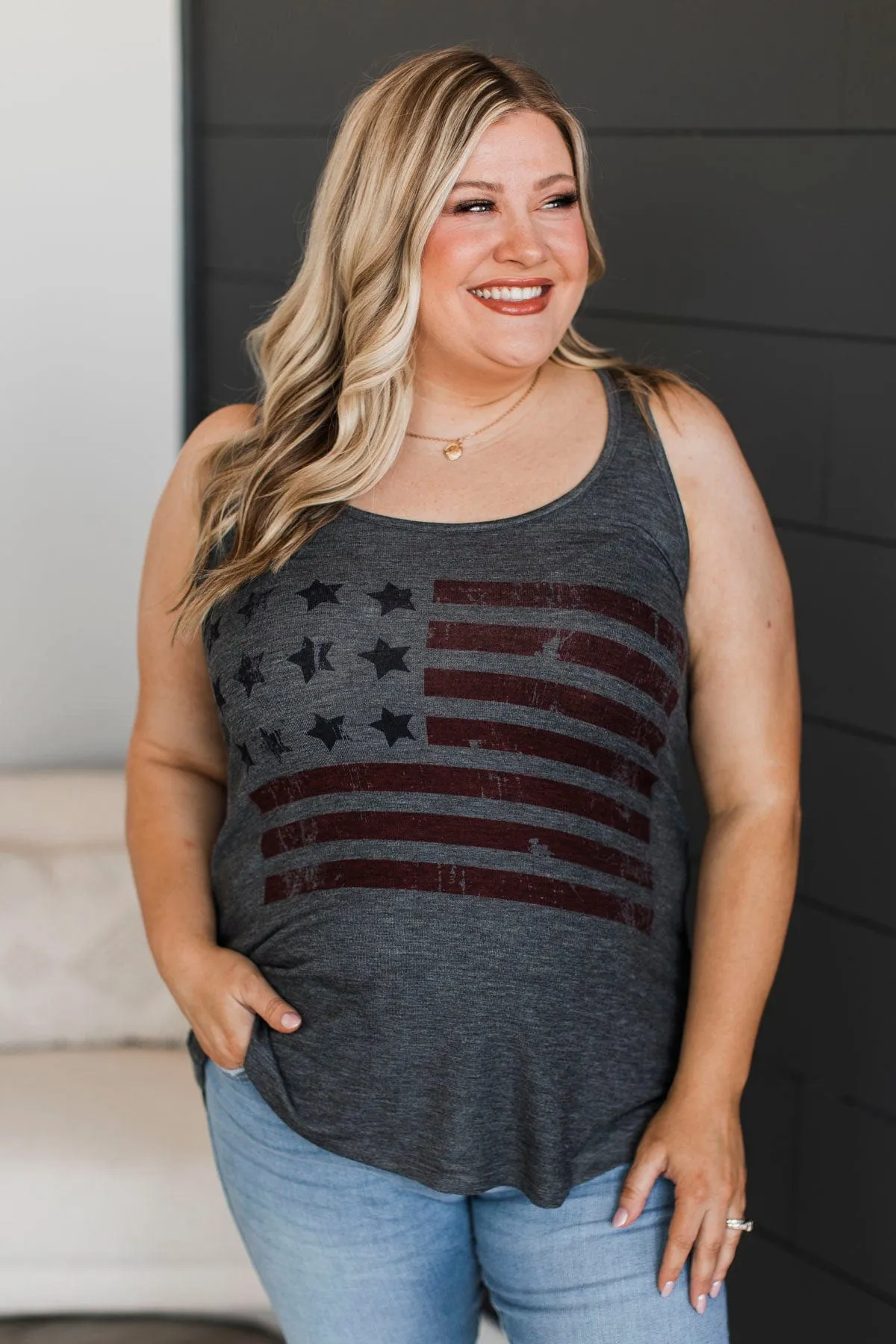 American Dream Graphic Tank Top- Charcoal