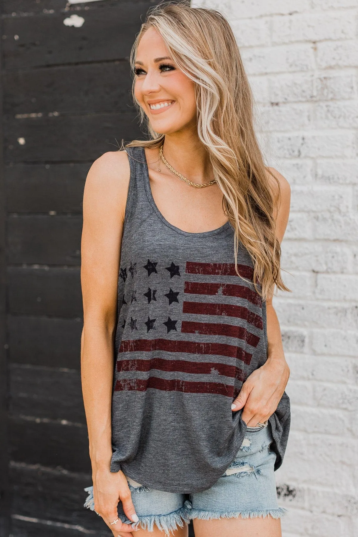 American Dream Graphic Tank Top- Charcoal