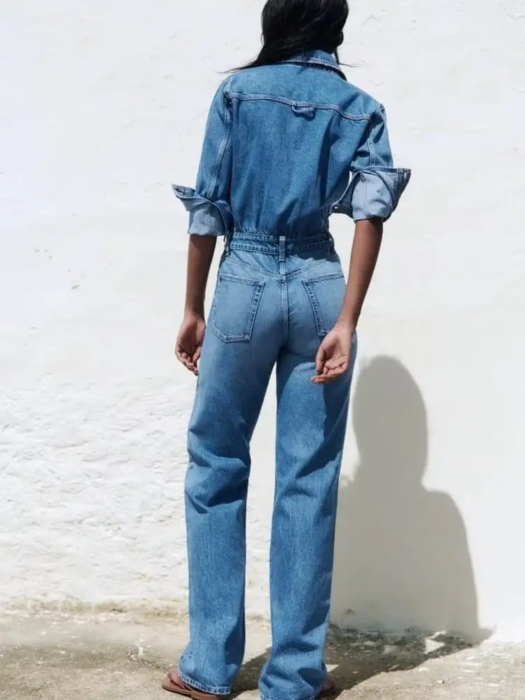 Ashore Shop Denim Jumpsuit 2023 Women Autumn Spring New Long Sleeve Solid Color Blue Straight Street Casual Pants Fashion Trend