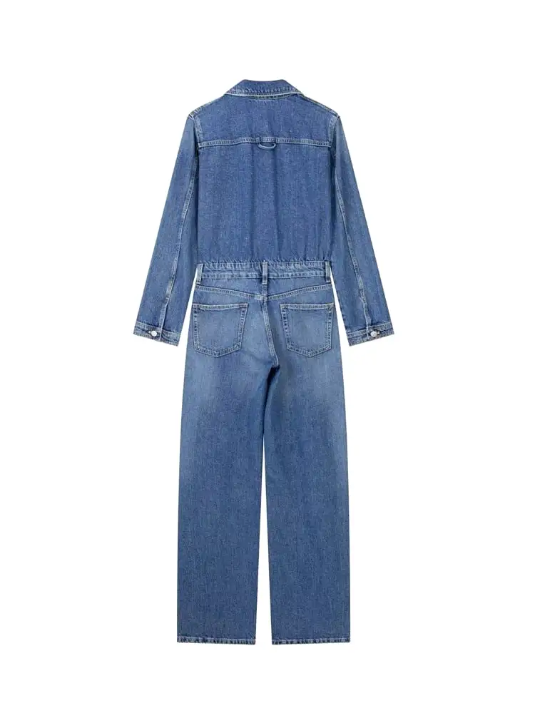 Ashore Shop Denim Jumpsuit 2023 Women Autumn Spring New Long Sleeve Solid Color Blue Straight Street Casual Pants Fashion Trend