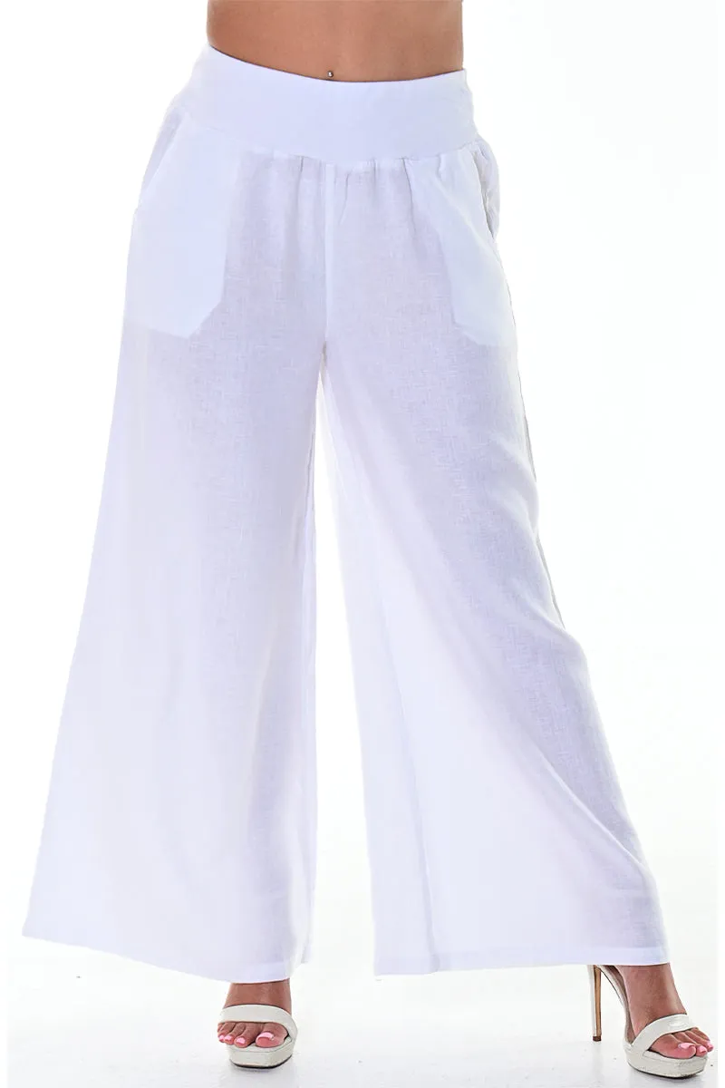 Azucar 100% Linen Ladies Wide Leg Linen Pants Loose Fit Solid Colors - LLWP113