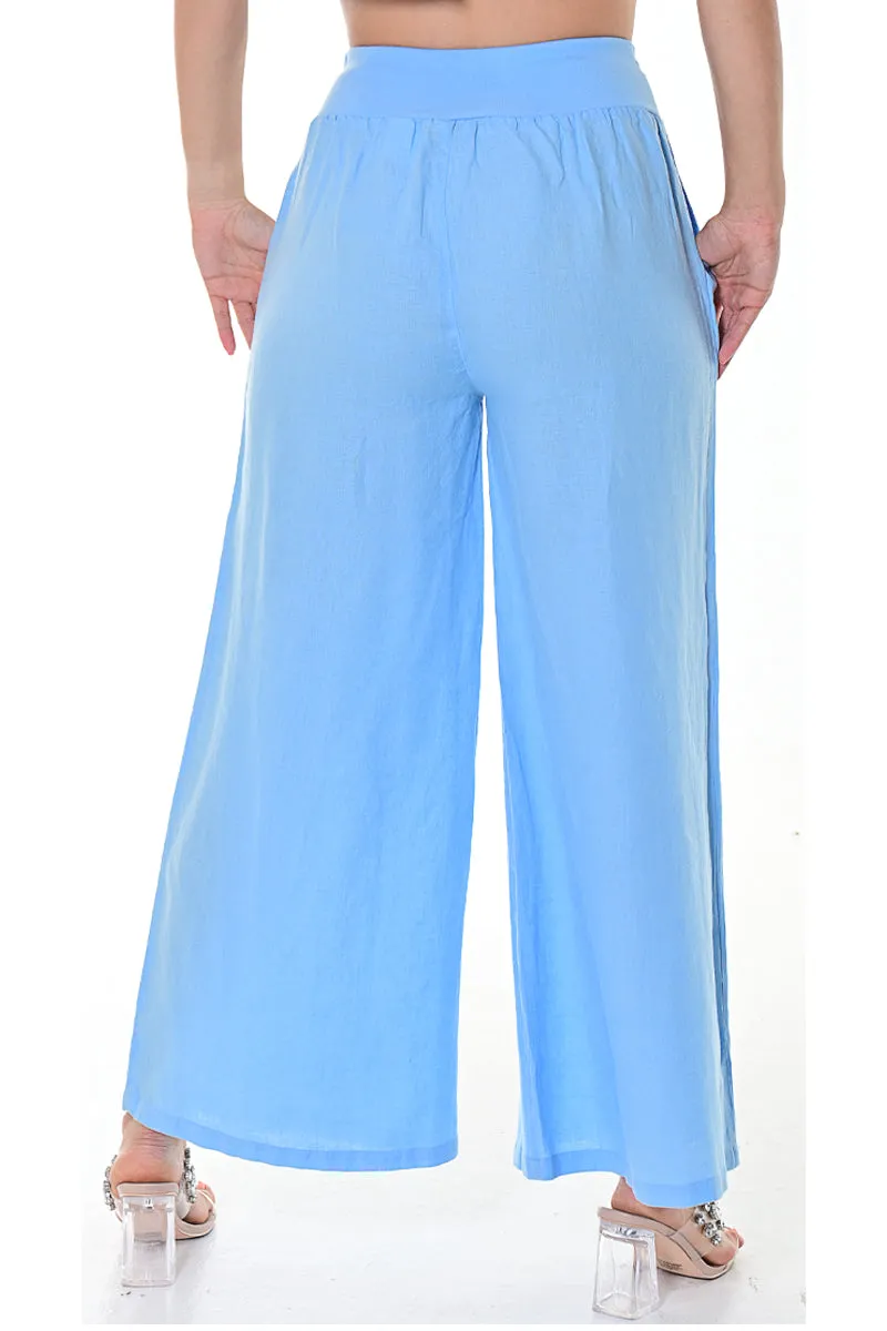 Azucar 100% Linen Ladies Wide Leg Linen Pants Loose Fit Solid Colors - LLWP113