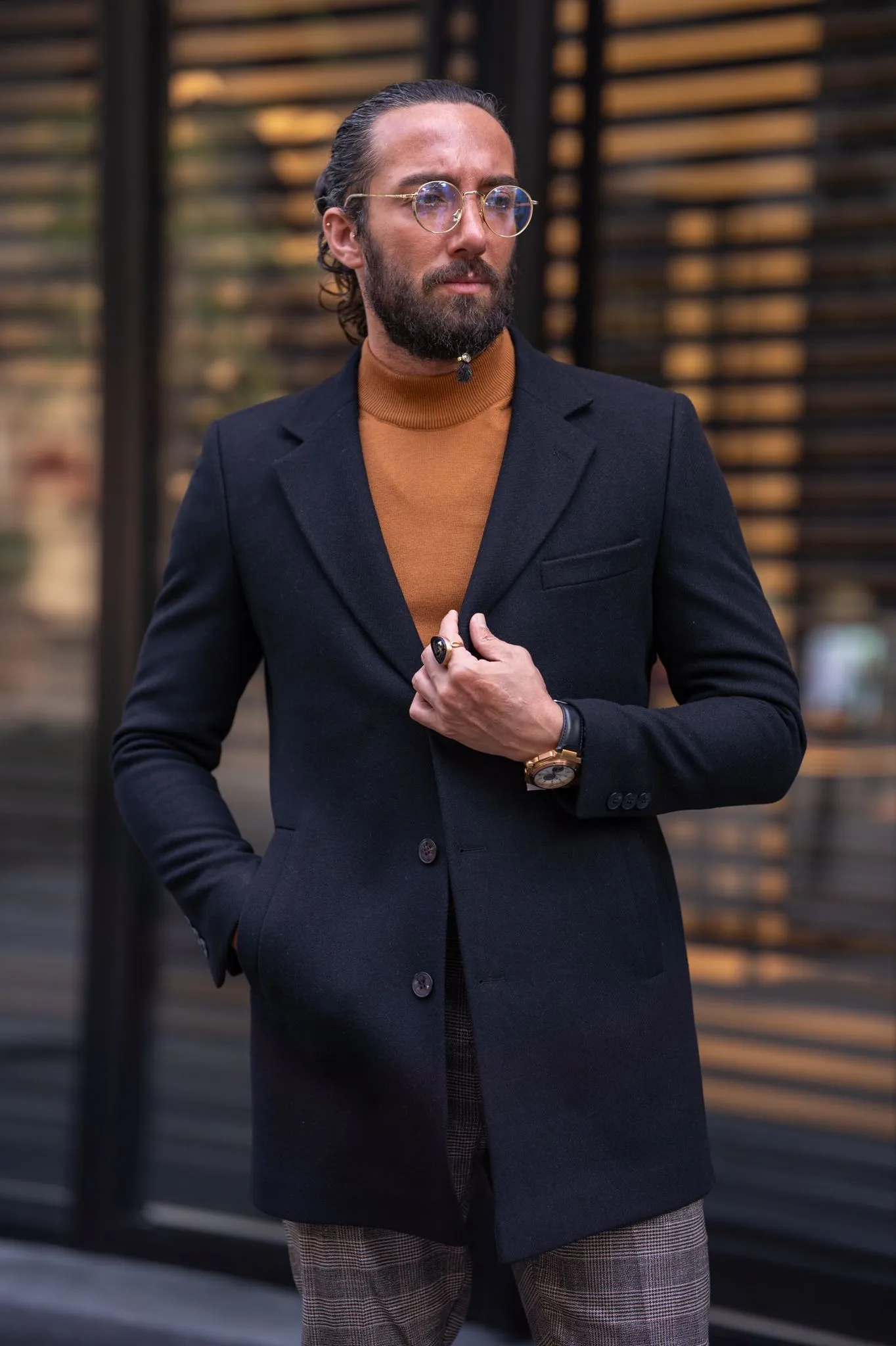 Brabion Black Slim Fit Single Breasted Long Coat