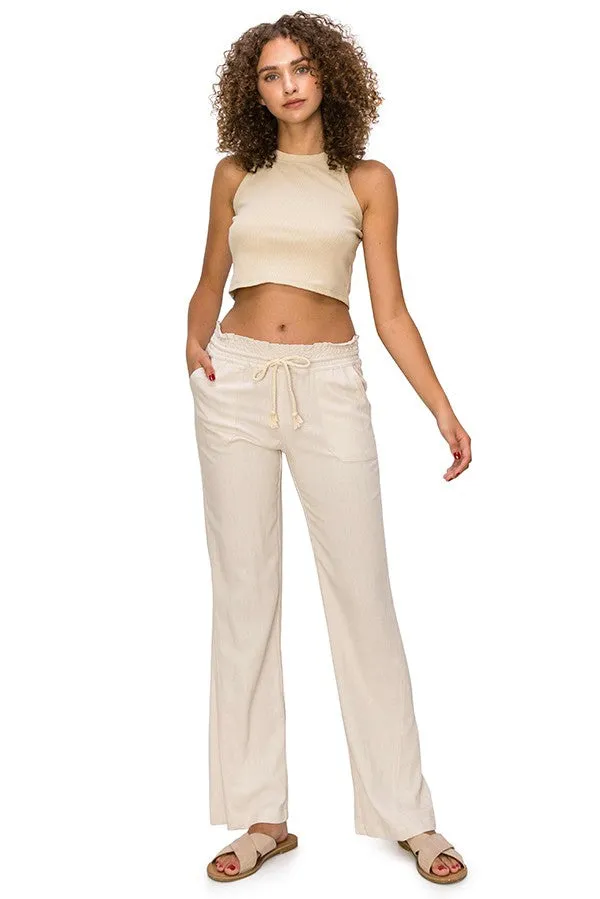 Cali Smocked Waist Linen Beach Pants - Sand Solid