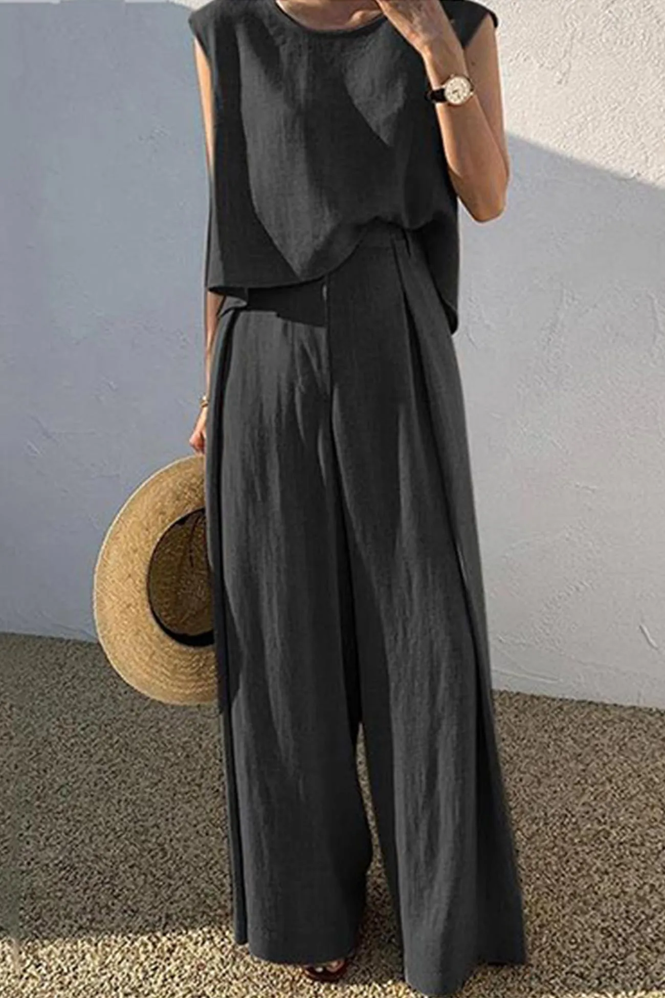 Cotton Solid Tank Pants Suits