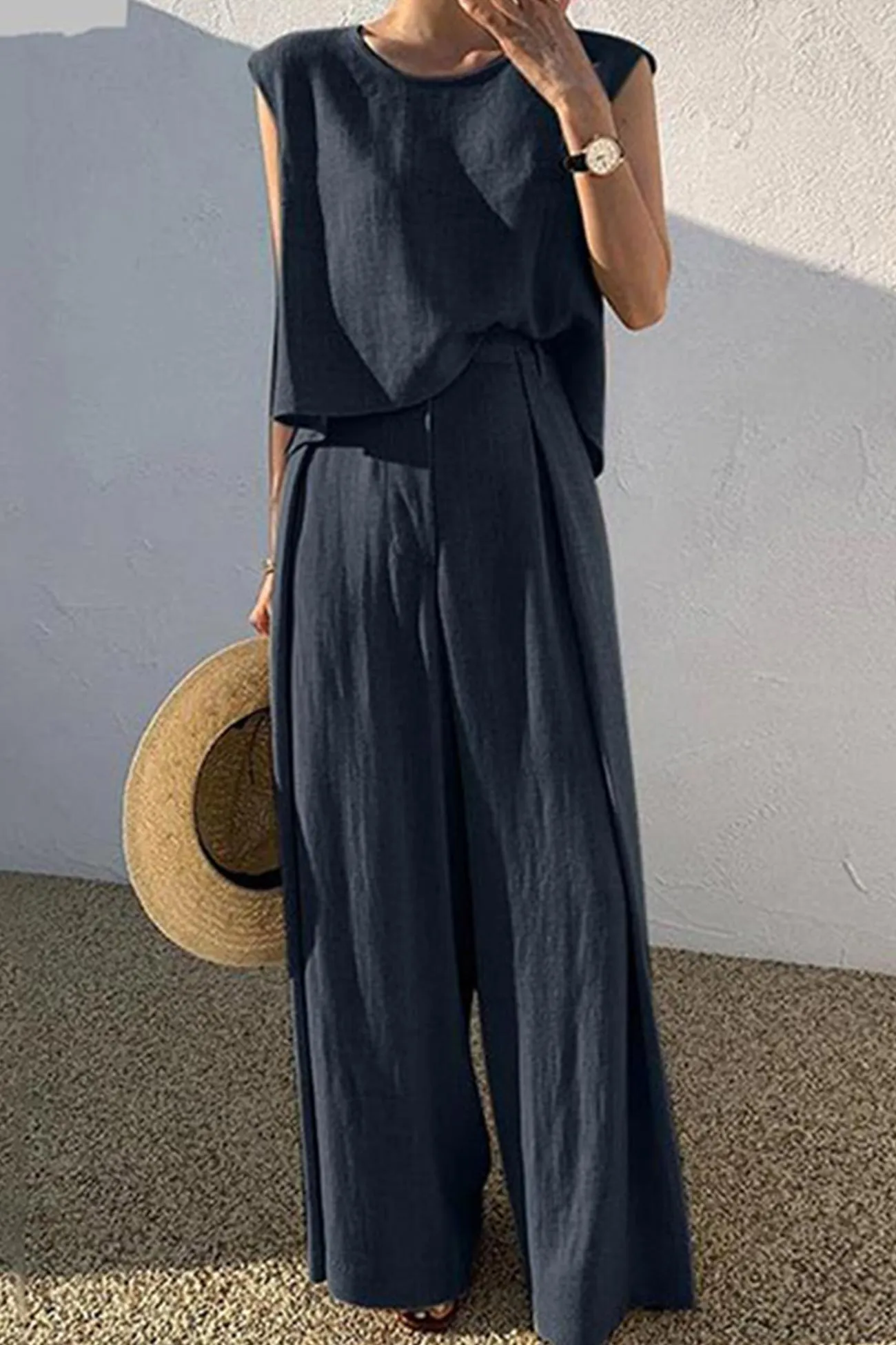 Cotton Solid Tank Pants Suits