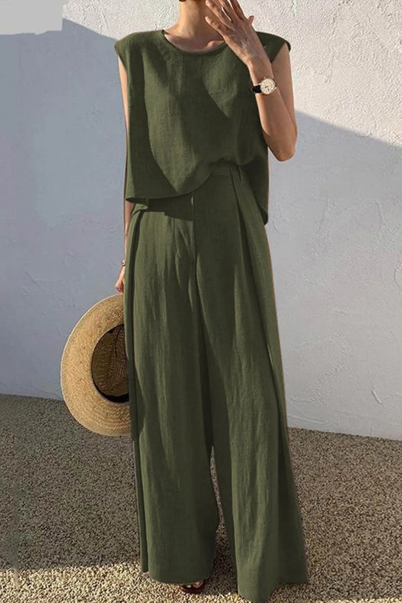 Cotton Solid Tank Pants Suits