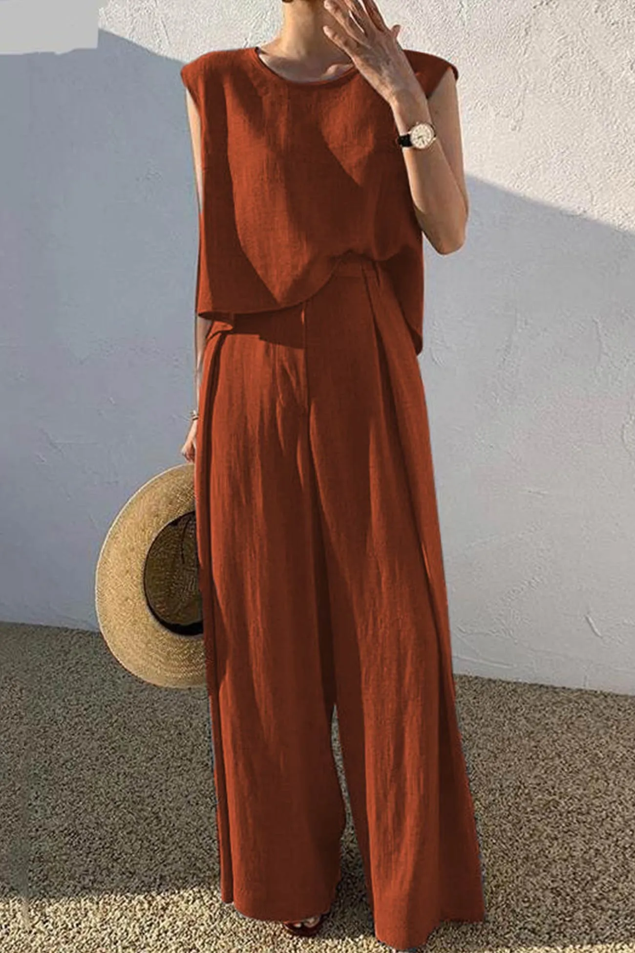 Cotton Solid Tank Pants Suits