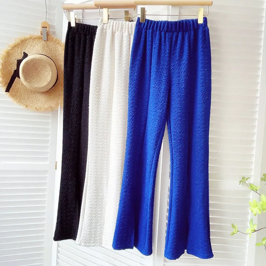 Elastic High Waist Women Casual Loose Bell Bottoms Pants Solid Split Hem Long Trousers