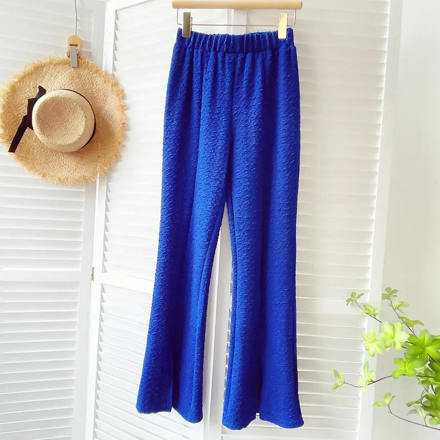 Elastic High Waist Women Casual Loose Bell Bottoms Pants Solid Split Hem Long Trousers