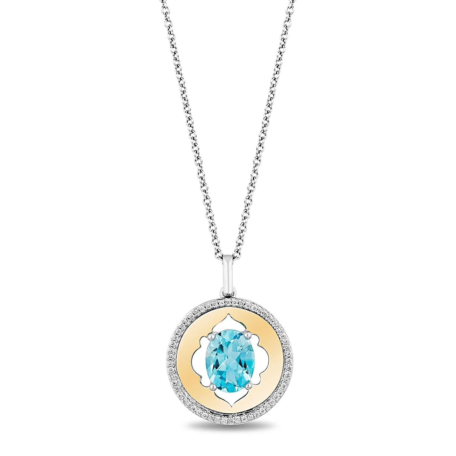 Enchanted Disney Fine Jewelry 14K White Gold and Yellow Gold with 1/6 CTTW Diamond and Swiss Blue Topaz Jasmine Arabesque Pendan