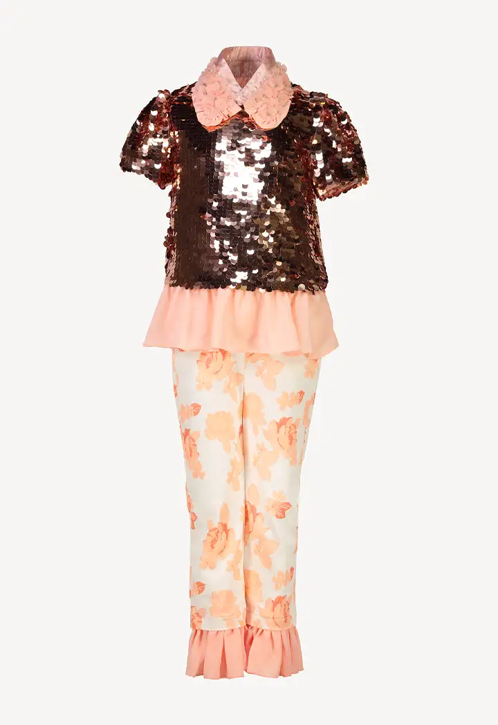 Floral Print Ruffle Solid Sequins Blouse And Pants Set