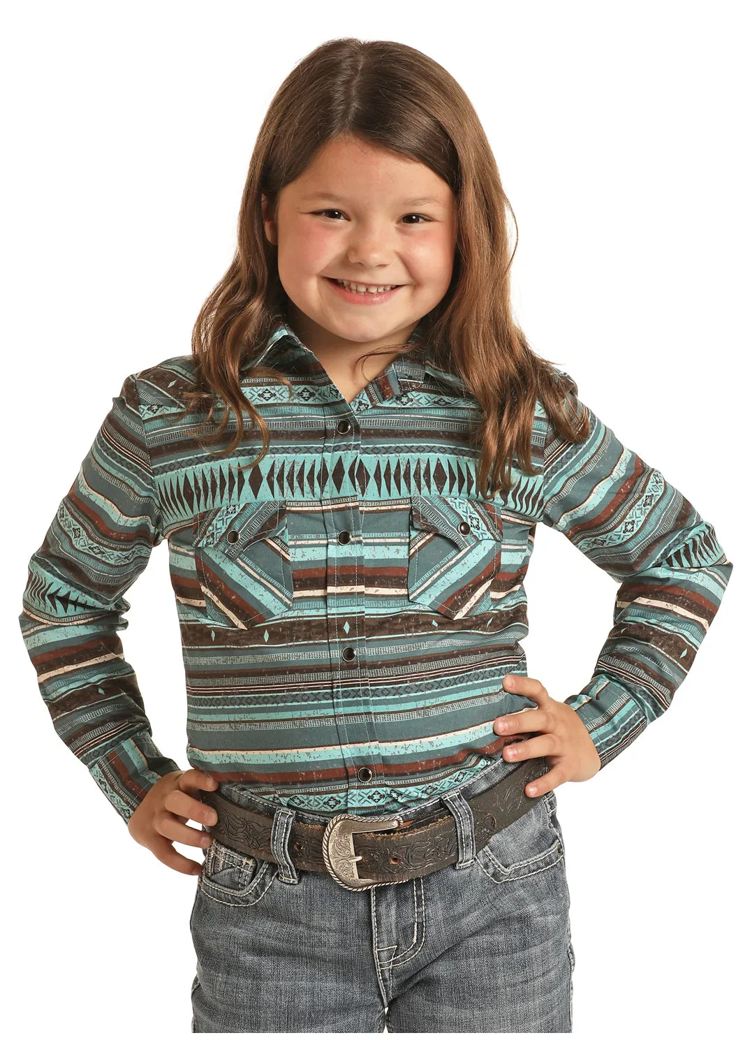 Girl's Panhandle Blue & Brown Long Sleeve Shirt #G4S333