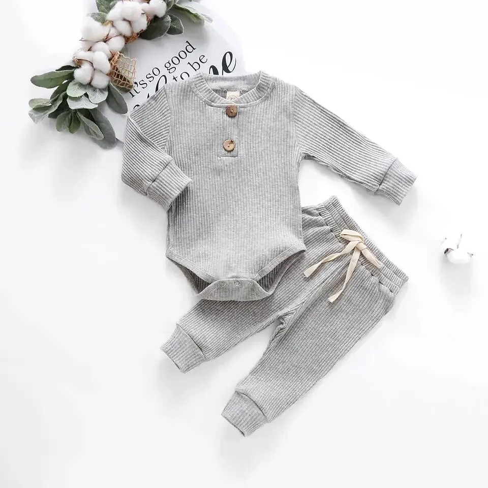 Infant Newborn Baby Girl Boy Spring Autumn Ribbed/Plaid Solid Clothes Sets Long Sleeve Bodysuits + Elastic Pants 2PCs Outfits X3