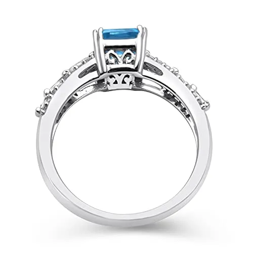 Jewelili 10K White Gold With Octagon Swiss Blue Topaz with Baguette and Round Created White Sapphire Ring