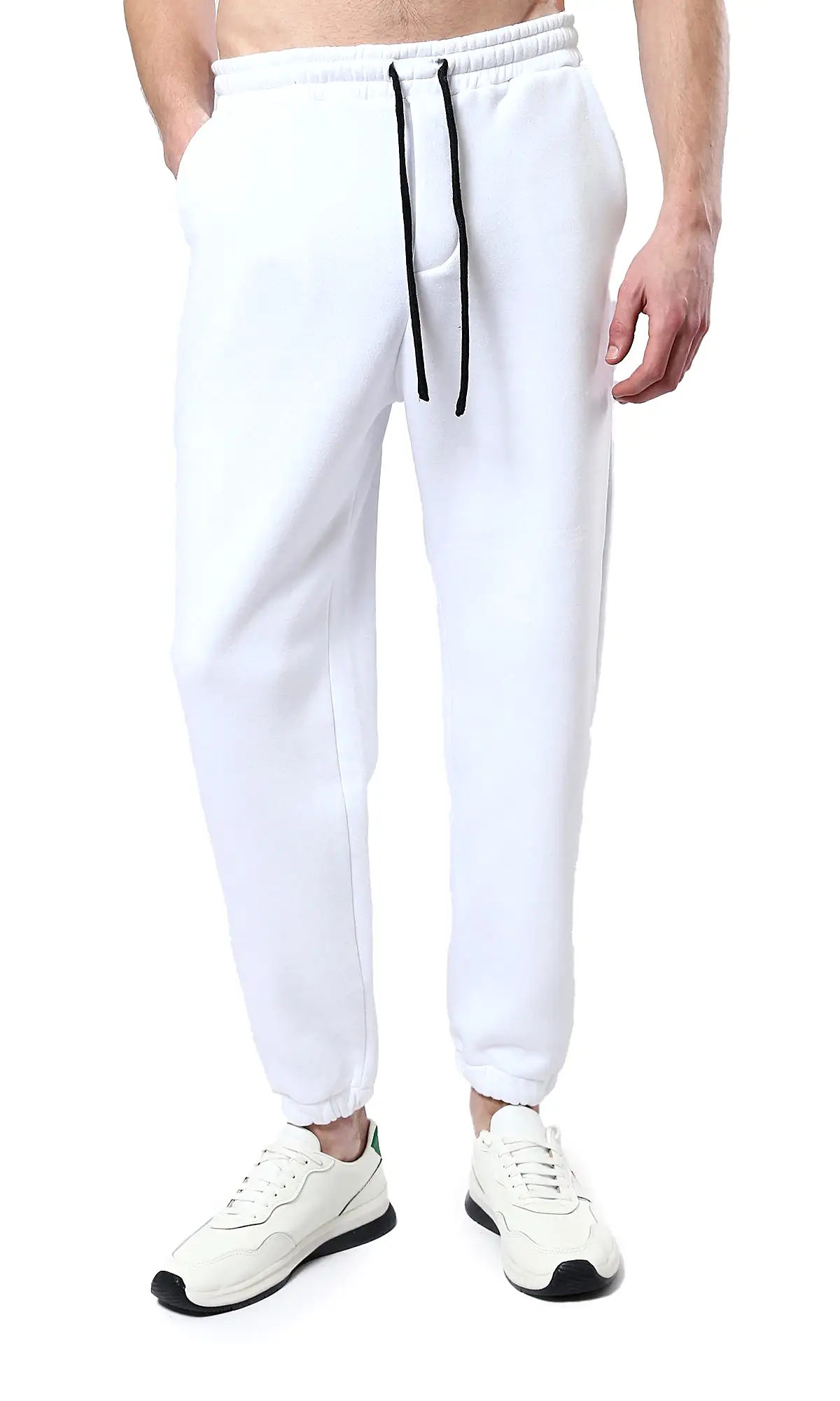 O178900 White Slip On Solid Jogger Pants With Hem