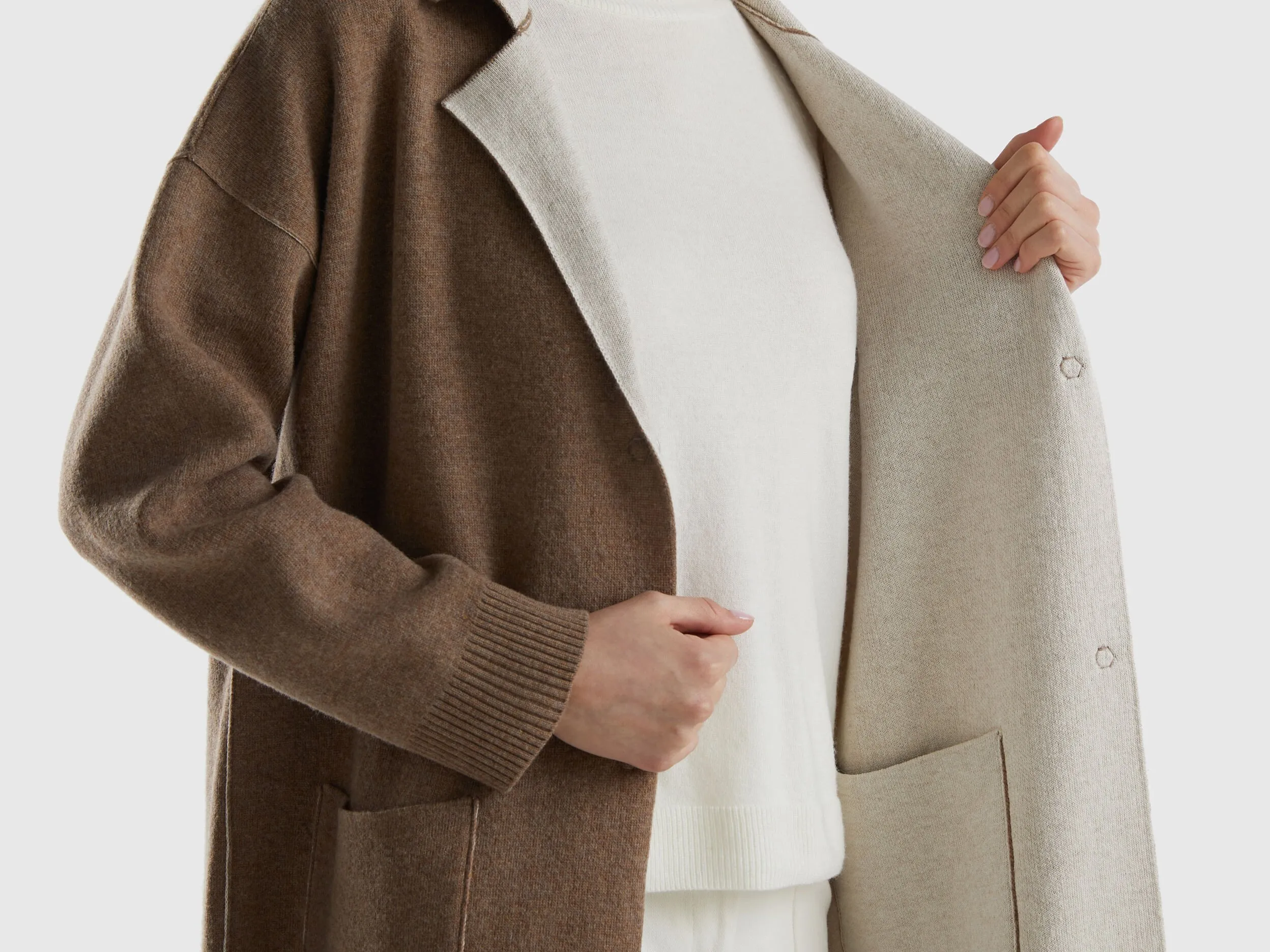 Reversible knit coat - Beige | Benetton