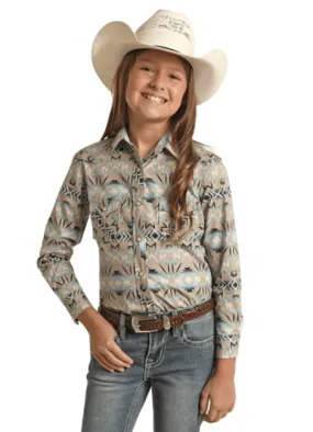 Rock & Roll Cowgirl Girl's Teal Aztec Multi Print Long Sleeve Snap Western Shirt RRGSOSR0R5