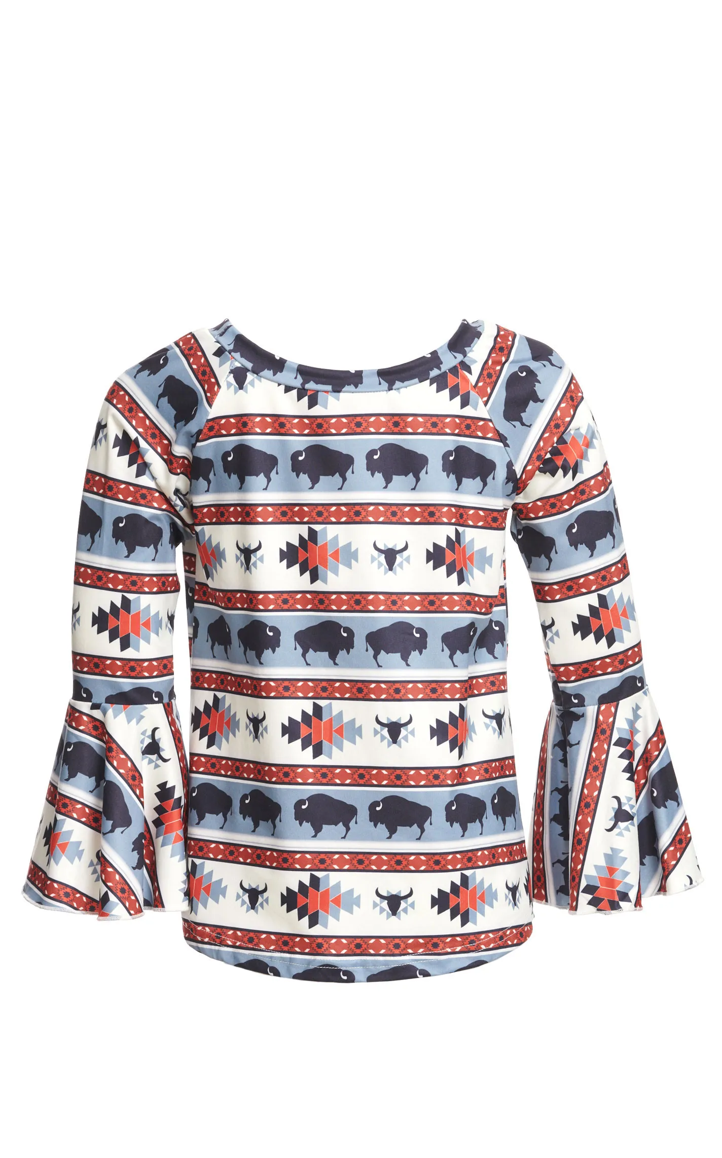 Shea Baby Girl's Black Stone Blue & Deep Red Aztec Buffalo Print Long Bell Sleeve Top