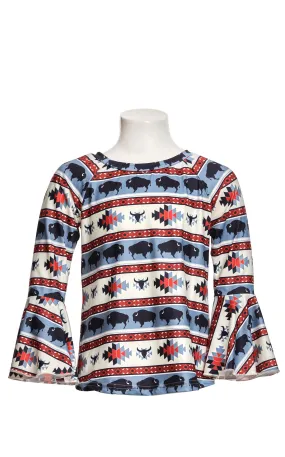 Shea Baby Girl's Black Stone Blue & Deep Red Aztec Buffalo Print Long Bell Sleeve Top