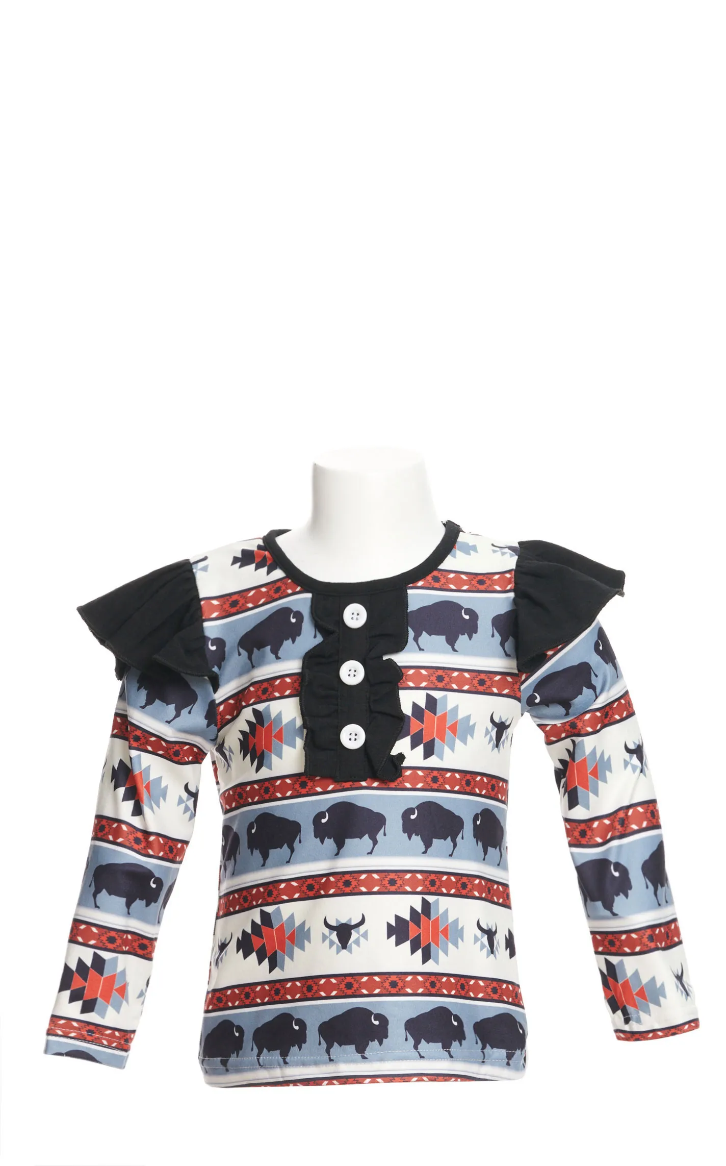 Shea Baby Toddler Girl's Black Stone Blue & Deep Red Aztec Buffalo Print Ruffle Long Sleeves Top