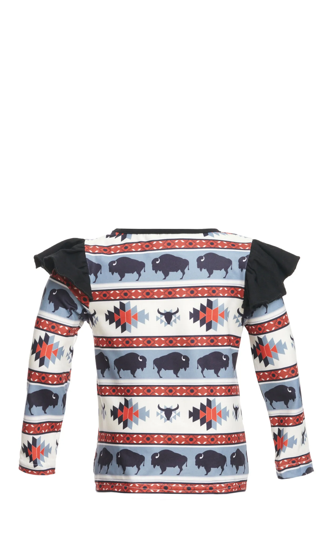 Shea Baby Toddler Girl's Black Stone Blue & Deep Red Aztec Buffalo Print Ruffle Long Sleeves Top