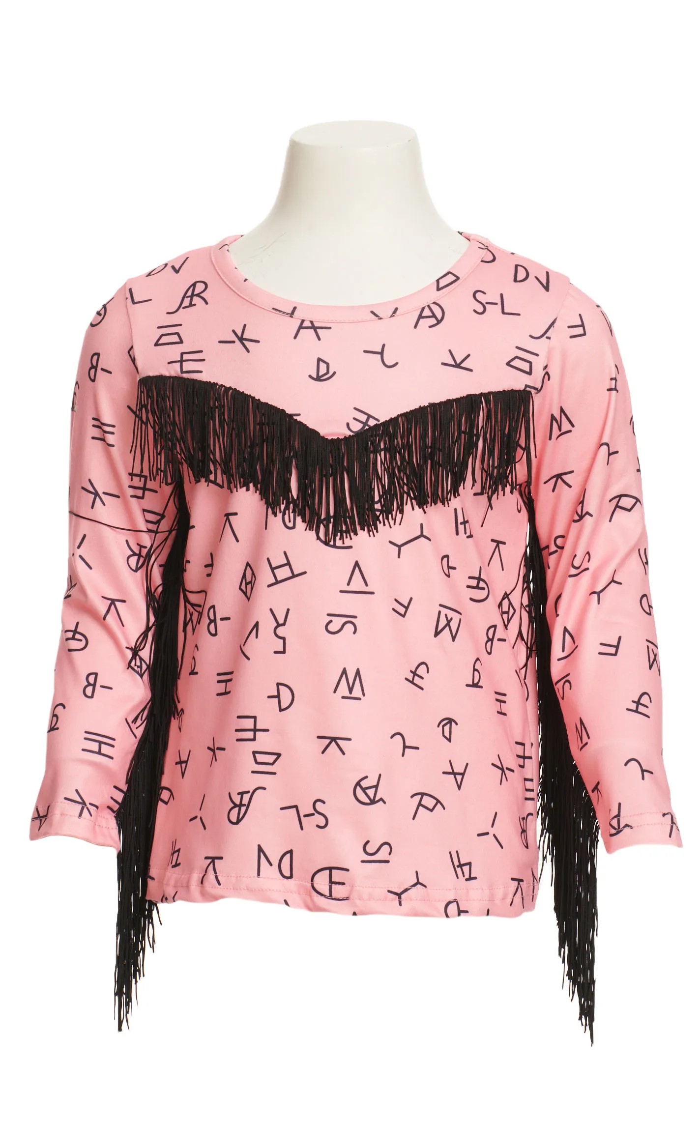 Shea Baby Toddler Girl's Bubblegum Pink & Black Lettering Brand Print & Fringe Long Sleeve Top