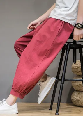 Simple Red Solid Pockets Elastic Waist Cotton Men Crop Pants Summer