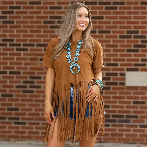 Tan Fringe Short Sleeve Top Looks & Feels like Suede