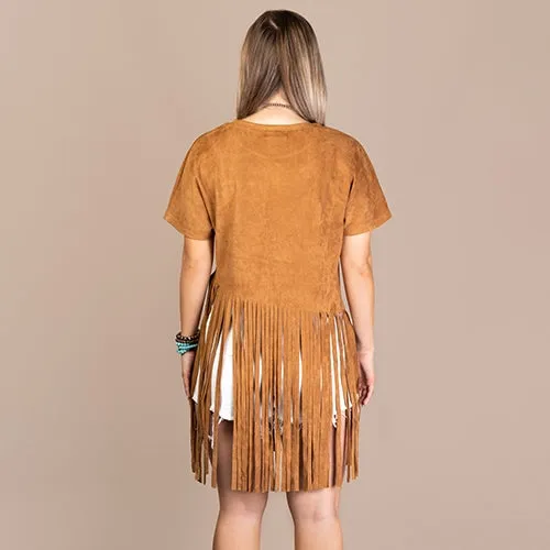 Tan Fringe Short Sleeve Top Looks & Feels like Suede