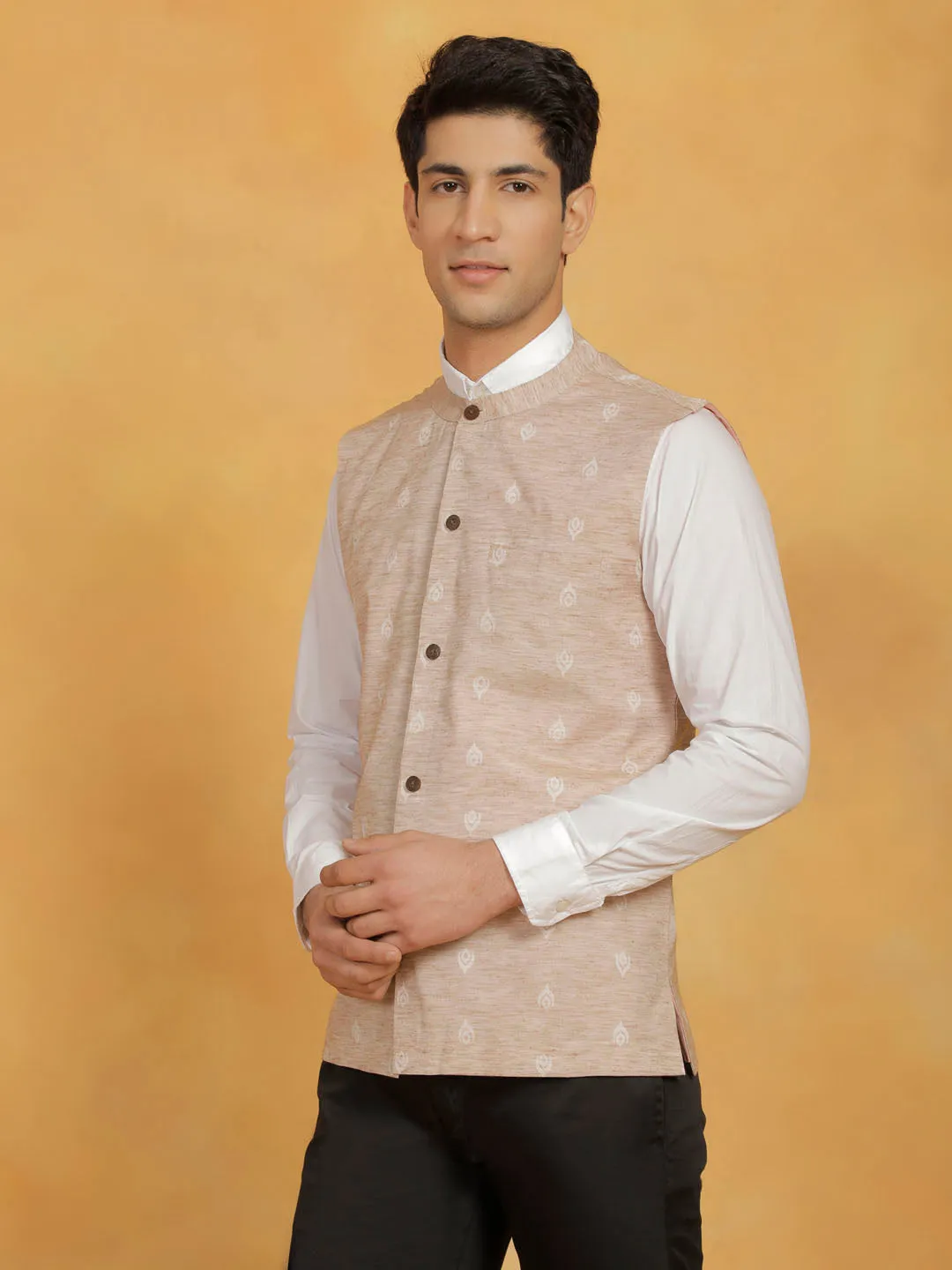 VASTRAMAY Men's Beige Cotton Nehru Jacket