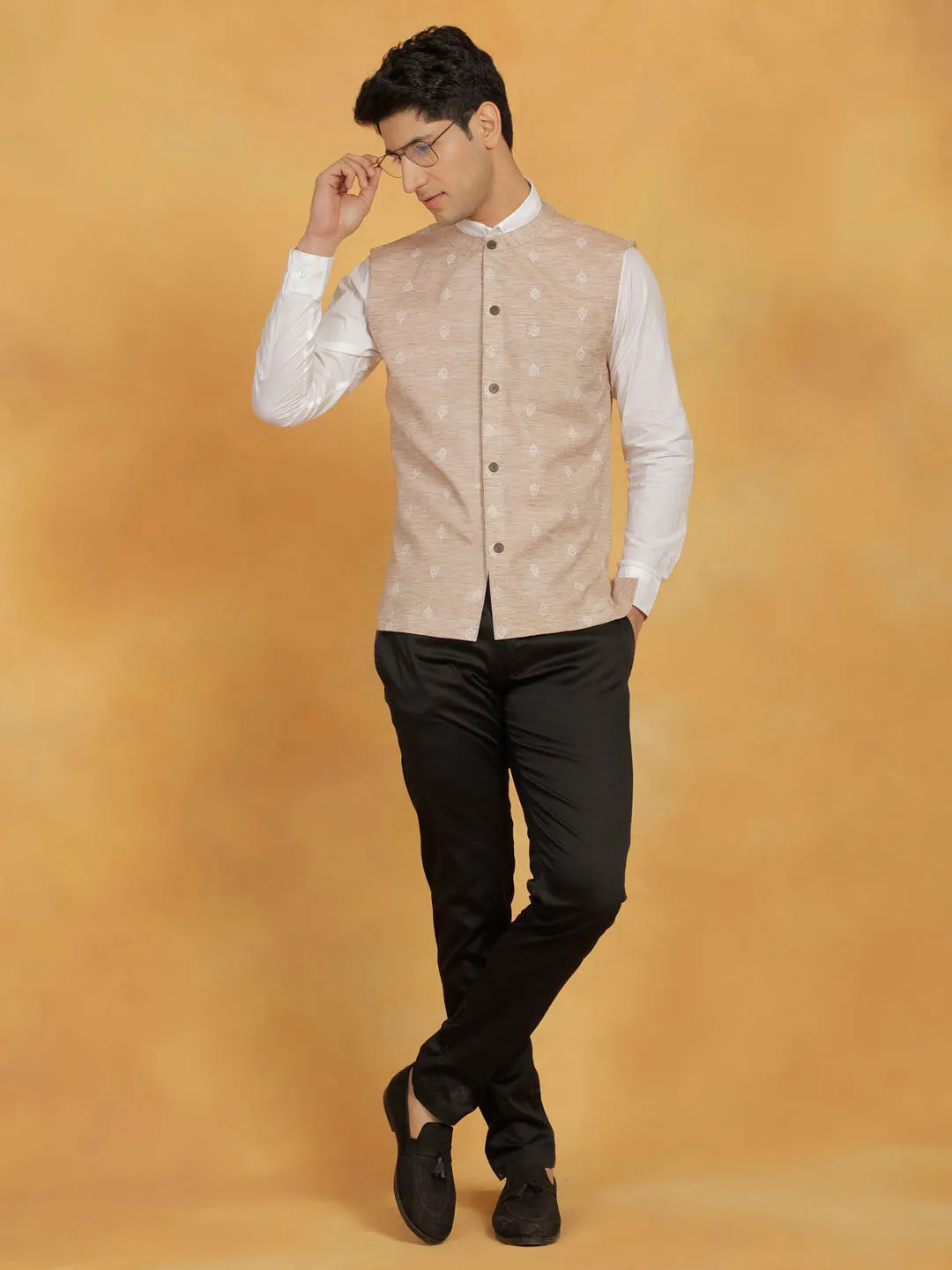 VASTRAMAY Men's Beige Cotton Nehru Jacket