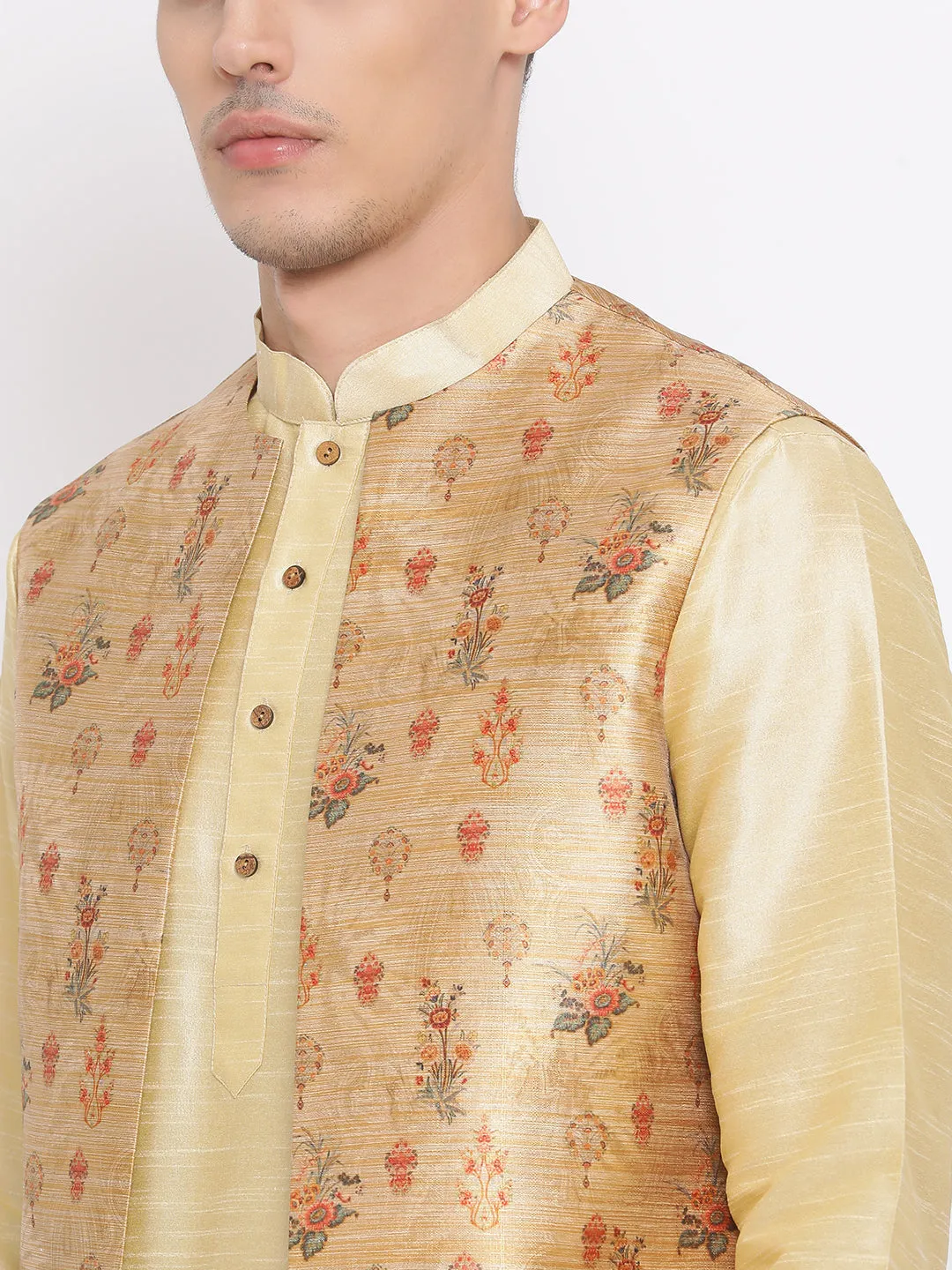 VASTRAMAY Men's Golden Silk Blend Jacket, Kurta and Pyjama Set