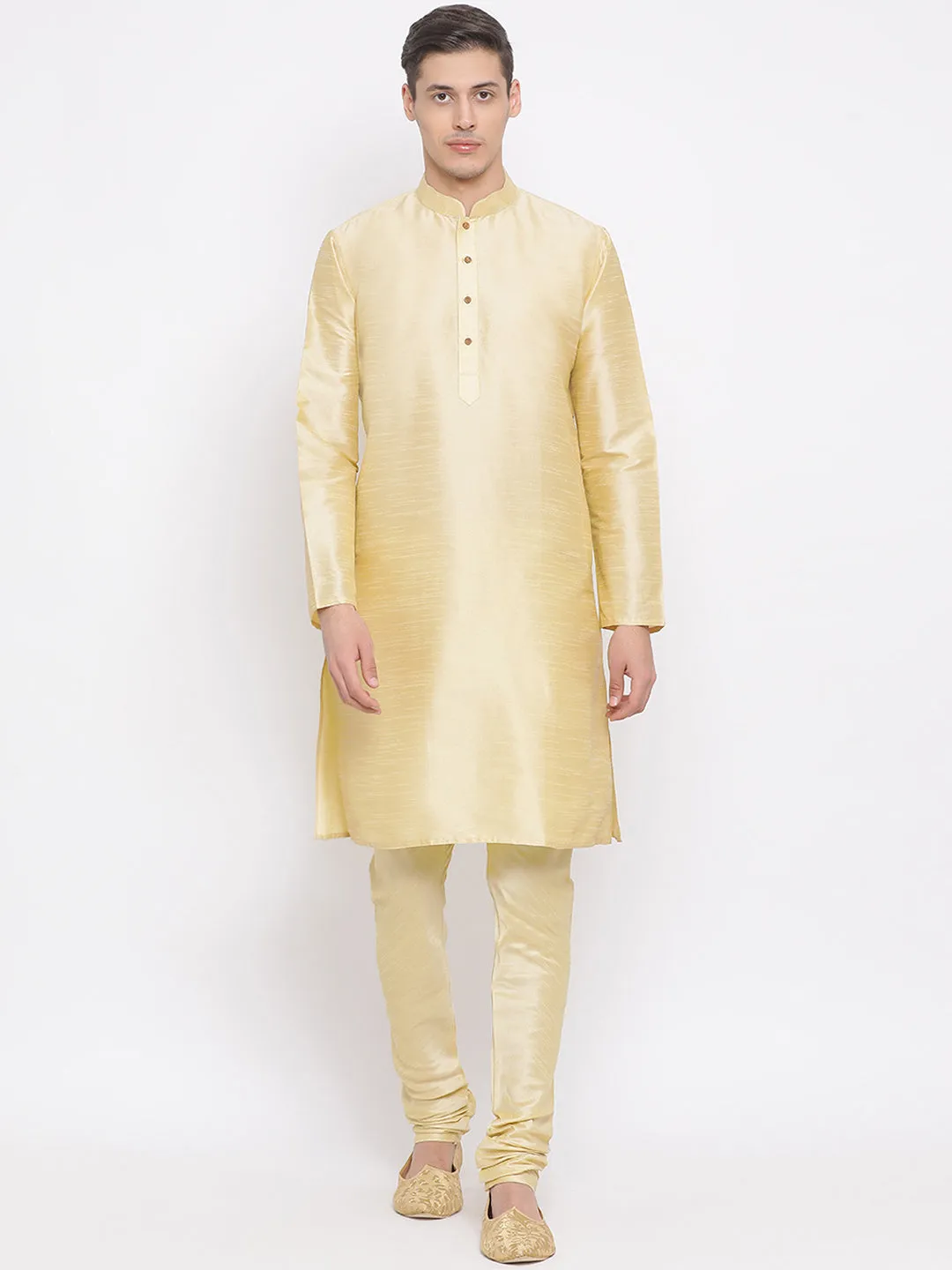 VASTRAMAY Men's Golden Silk Blend Jacket, Kurta and Pyjama Set