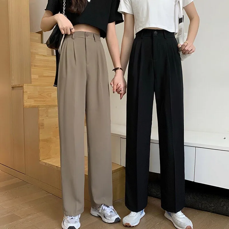 Women High Waist Casual Pants Spring Autumn Solid Color All-match Ladies Straight Elegant Trousers