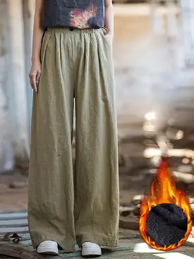 Women Winter Solid Fleece-lined Wide-leg Pants