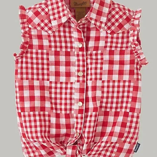 Wrangler Girl's Sleeveless Picnic Tie Front Shirt in Red