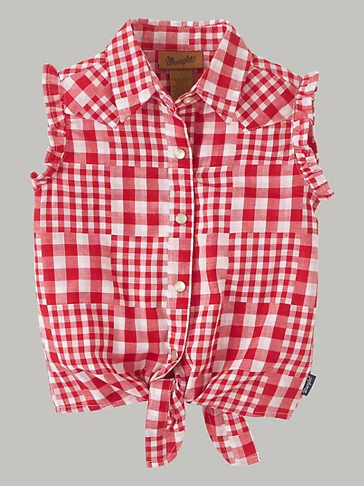 Wrangler Girl's Sleeveless Picnic Tie Front Shirt in Red