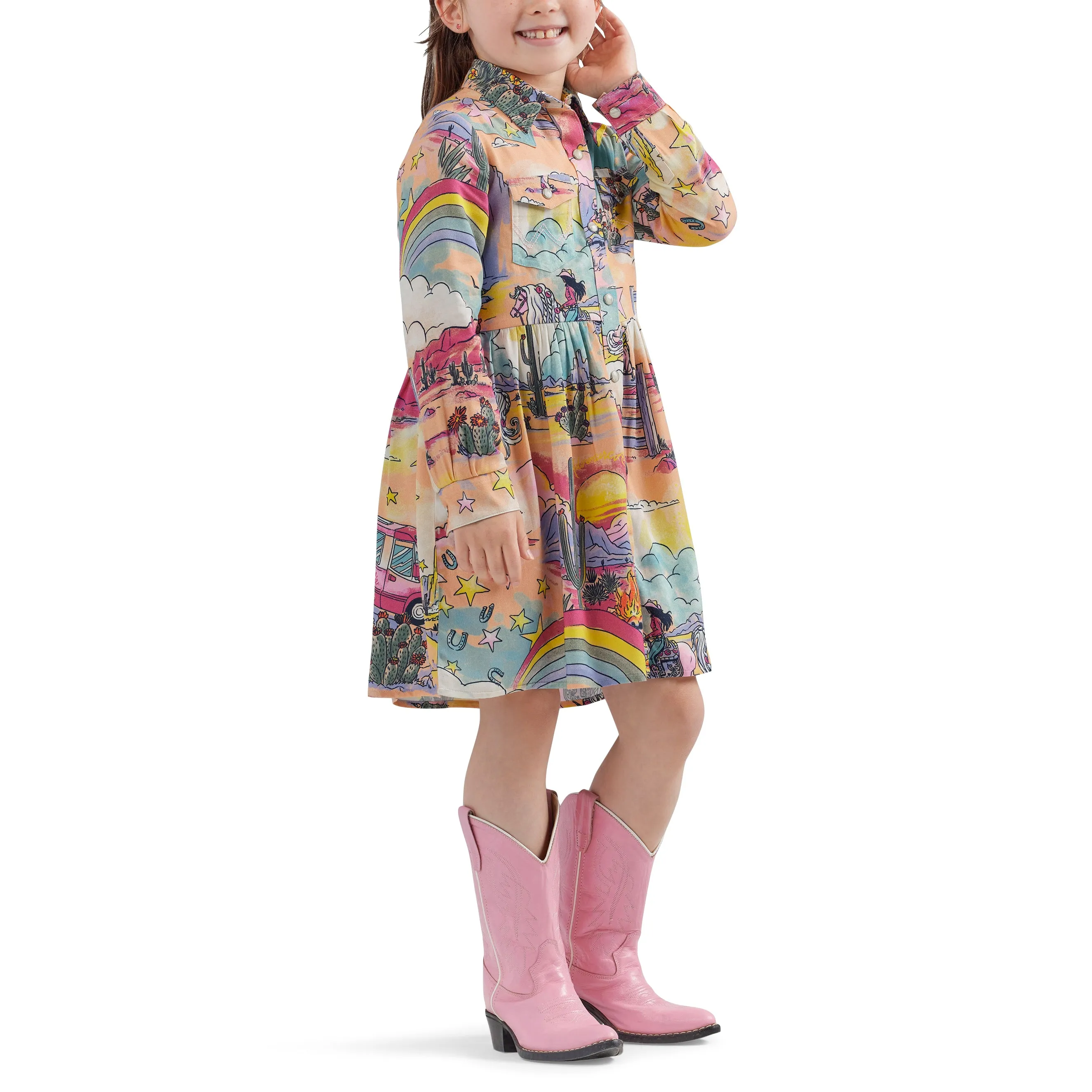 Wrangler x Barbie Girl's Illustrated Western Snap Shirt Dress