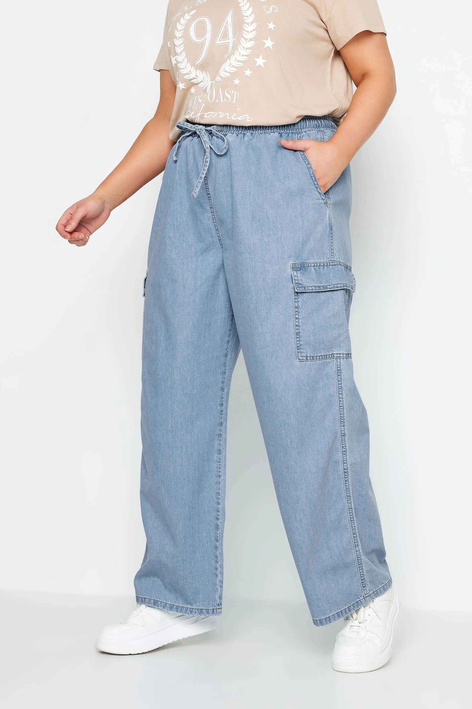 YOURS Curve Blue Wide Leg Cargo Jeans